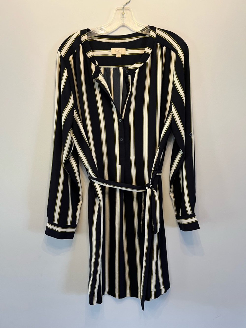LOFT Black and White Vertical Stripe Long Sleeve Belted Dress